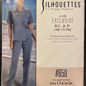 May include: A sewing pattern for a no-gap wrap blouse with exclusive B, C, and D cup sizing. The pattern is #650 and includes sizes 1-4 and 5w-8w. The pattern is shown with a pleated pant.