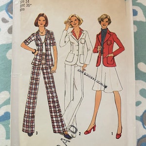 May include: Vintage Simplicity sewing pattern packet. The packet features illustrations of three different women's suits. The suits include a plaid pantsuit, a white suit, and a red blazer with a skirt. The packet has the number 6876 and the size 14.