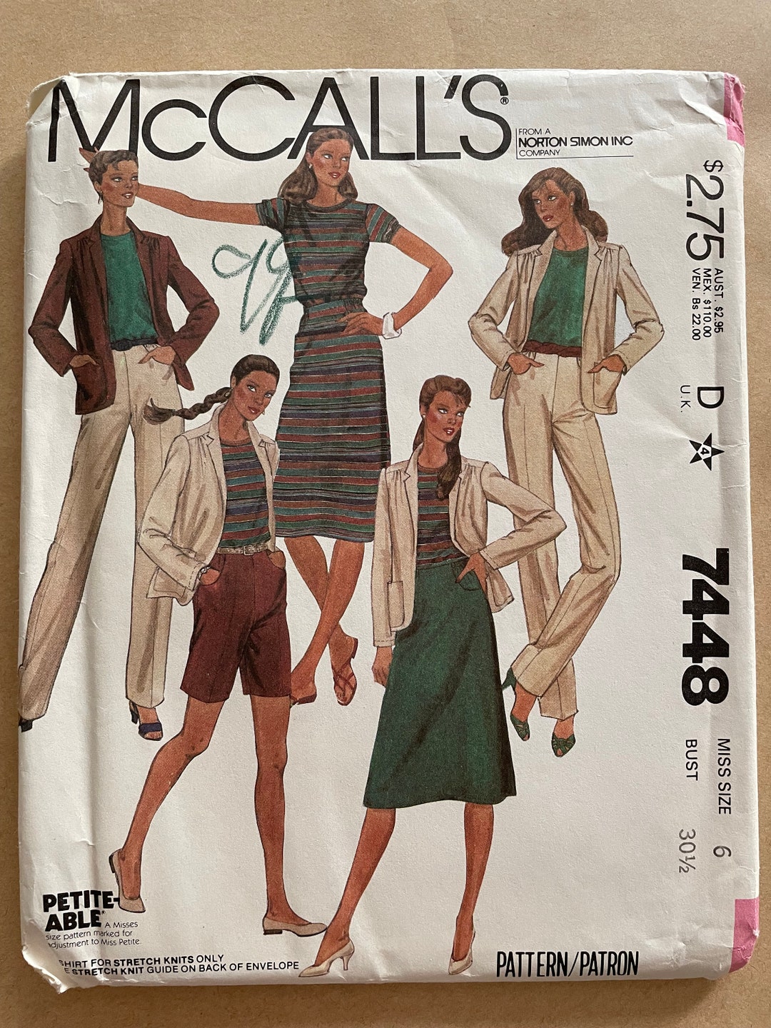 Mccalls 7448 Pattern UNCUT 1980s Vintage Open Front Below Hip Jacket Short Sleeved Tshirt Skirt