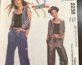 McCalls 2238 Pattern UNCUT 1990s Vintage NY Junior Girl's Hooded Cropped Jacket Vest Contrast trim and Pants or Capris Size 9 10 11 12 13 14