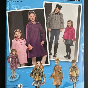 May include: Simplicity sewing pattern 2876, inspired by Project Runway. The pattern features images of children's coats in pink, purple, and gray. The pattern size is HH 3,4,5,6. The cover is blue with white text.