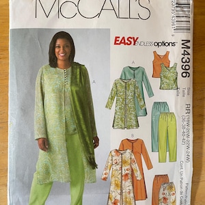 May include: A sewing pattern for a long, green, floral print jacket and pants. The pattern is for sizes 18W-20W-22W-24W (36-38-40-42). The pattern is called McCall's Easy Endless Options M4396.