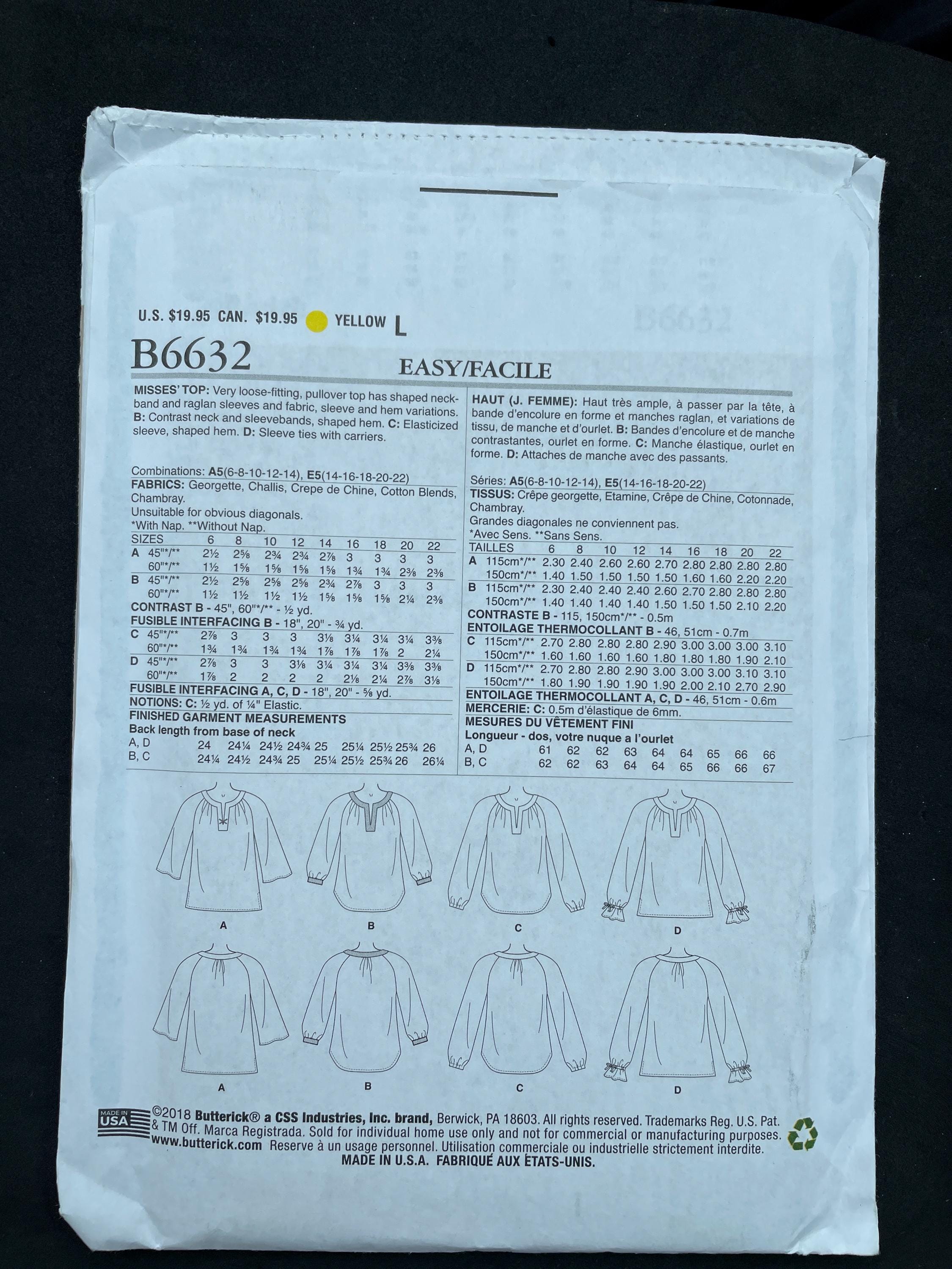 Butterick B6632 6632 Pattern UNCUT Easy Loose Fitting Pullover Top ...
