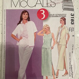 May include: McCall's sewing pattern 3183 for separates. The pattern features illustrations of women's clothing, including a short-sleeved shirt, pants, and a skirt. The package includes the size range (14-16-18).
