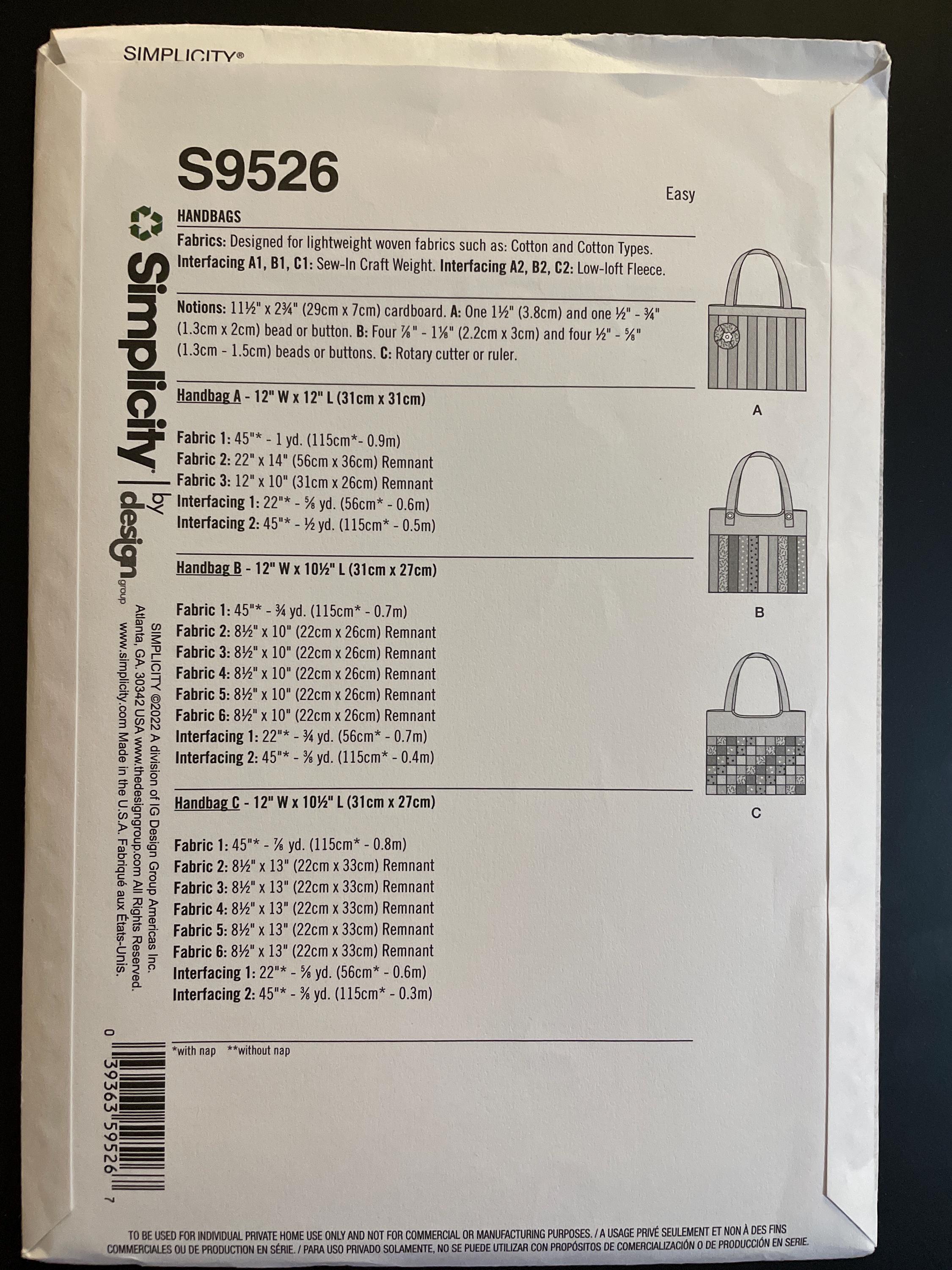 Simplicity S9526 9526 Pattern UNCUT Quilted Handbags Handbag Mix and ...