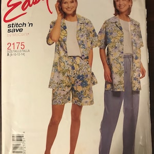 McCalls 2175 Pattern UNCUT 1990s Vintage Easy Stitch &#39;n Save Button Front Shirt Notched COllar Tank Top Pull On Pants Shorts Size 8 10 12 14