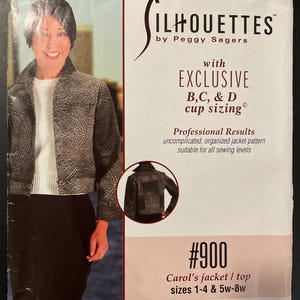 May include: A sewing pattern for a jacket and top, called "Carol's jacket / top", with sizes 1-4 and 5w-8w. The pattern is from the "Silhouettes by Peggy Sagers" line and features exclusive B, C, and D cup sizing. The pattern is #900 and the jacket is shown with a #3000 pleated pant.