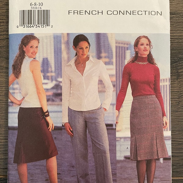 Butterick 3310 Pattern UNCUT Vintage 2000s French Connection Stylish Skirts Inverted Pleats Shaped Hem Straight Leg Pants Size 6 8 10 VA