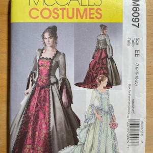 May include: McCall's Costumes sewing pattern M6097. The pattern features images of historical gowns in shades of gray, burgundy, and pale green. The pattern size is EE (14-16-18-20). The package has a yellow top with the brand name.
