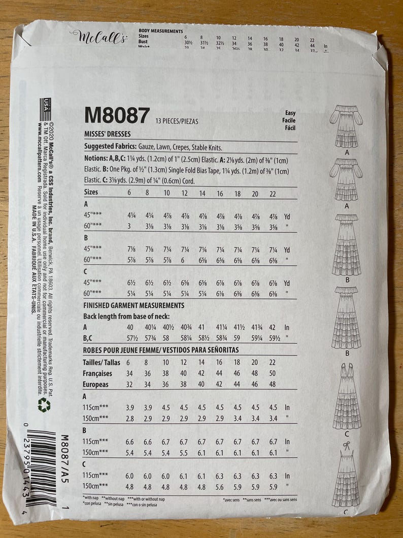 Mccalls M8087 8087 Pattern UNCUT Aurora Easy Elastic off Shoulder ...