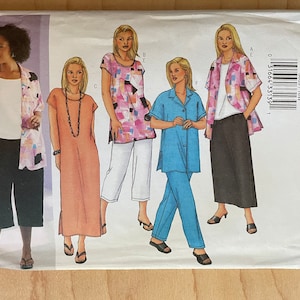 May include: A sewing pattern for four different tops and pants. The pattern is for sizes 16W, 18W, and 20W. The pattern is from Butterick and is labeled "Fast & Easy".