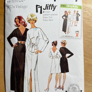 May include: Vintage Simplicity sewing pattern S3046 from the 1970s. The pattern features illustrations of long dresses and a shorter dress. The package includes the text "Jiffy" and "Easy Sew". Size U.S. 18-26.
