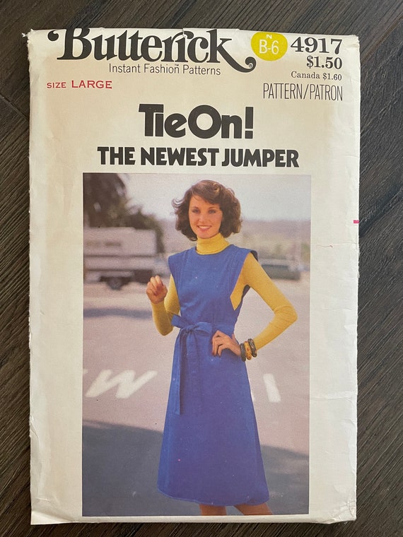 Butterick 4917 Pattern UNCUT 1970s Tie On The Newest Jumper Extended Shoulder Sleeveless Dress A-Line Knee Length Size Med CA or Large VA