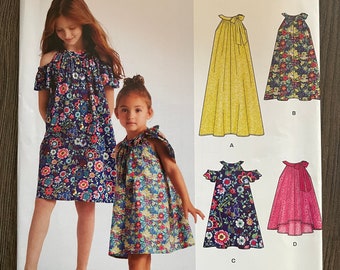 New Look D0607 0607 6522 Pattern UNCUT Kids Girls Sleeveless Cold Shoulder Dress Flared Knee or Maxi Length Bow Size 3 4 5 6 7 8 10 12 14 VA