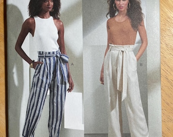 Vogue V1873 1873 Pattern UNCUT Paper Bag Waist Pants Semi Fitted Front Pleats Side Seam Pockets Belt Zipper Straight Tapered Size 8-16 16-24