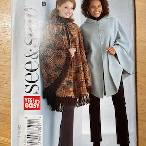 See & Sew B4266 4266 Pattern UNCUT Easy Poncho Hood Fringe Yarn Ties or Button Loop Closure Size XS S M or L XL