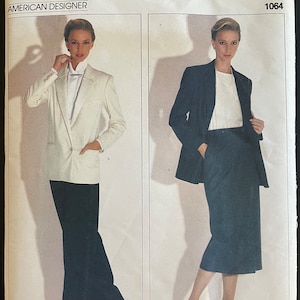 Vogue 1064 Pattern UNCUT Vintage 1980s Ralph Lauren American Designer Suit Set Longline Jacket Notched Collar Skirt Pants Size 10 32.5