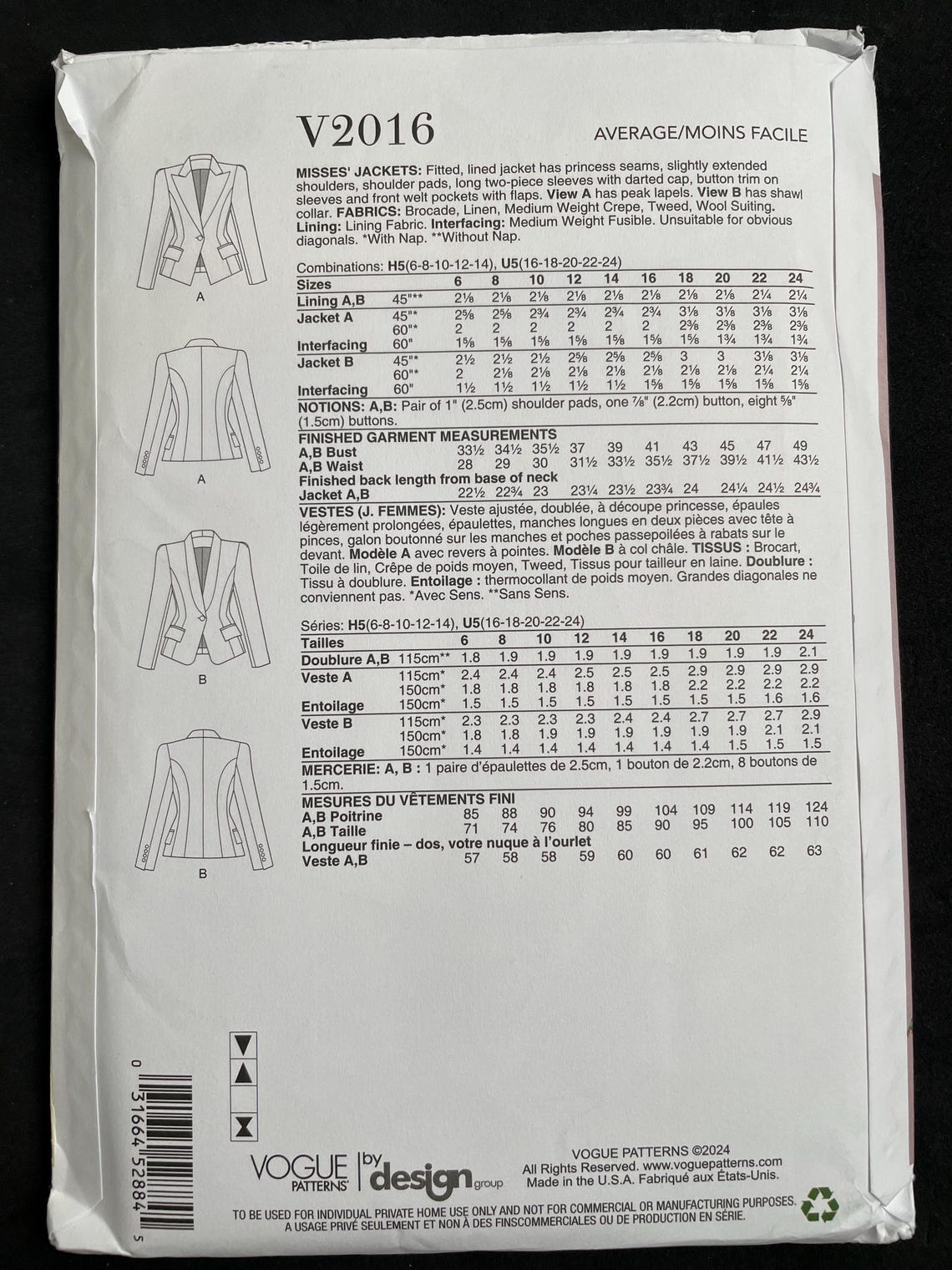 Vogue V2016 2016 Pattern UNCUT Fitted Lined Jacket Princess Seams ...