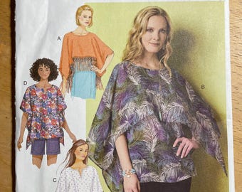 Butterick B6356 6356 Motif non coupé facile à enfiler Tunique échancrée ou coupée sur le devant, superposition transparente et options de franges Taille XS-M ou L-XXL