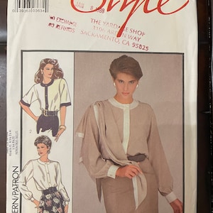 Style 1230 Pattern UNCUT 1980s Vintage Button Front Blouse Long Gathered or Short Elbow Sleeves Contrast Bands Scarf Size 6 8 10