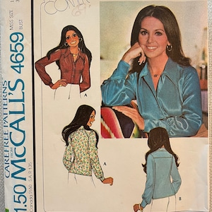 McCalls 4659 Pattern UNCUT 1970s Marlo&#39;s Corner Carefree Easy Button Front Blouse with Wide Pointed Collar Long Sleeves Size 12 Bust 34