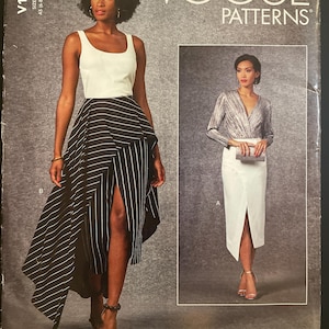 May include: Vogue Patterns sewing pattern featuring two women modeling dresses. One woman wears a white top and a black and white striped skirt. The other woman wears a silver top and a white skirt. The pattern number is V1683.