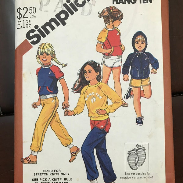 Simplicity 5521 Pattern UNCUT Vintage 1980s Hang Ten Kid's Pullover Shirt Raglan Sleeves Contrast Rib Knit Hemband Pants or Shorts Size 4
