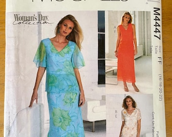 McCalls M4447 4447 Pattern UNCUT Easy Two Piece Dress Sheer Pullover V Neck Top Pull on Mid Calf Length Skirt size 16 18 20 22