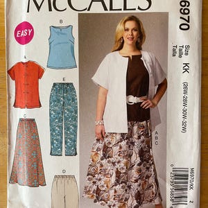 May include: A sewing pattern for a skirt, pants, and top. The pattern is for sizes 26W-28W-30W-32W. The pattern is called McCall's M6970.