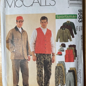McCalls 9583 Pattern UNCUT 1990s Sportsman Barn Coat V Neck Vest Brimmed Hat Cargo Pants Size 40 42 44