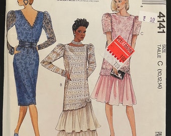 McCalls 4141 Pattern UNCUT 1980s Vintage Sheath Style Dress Open V Back Dropped Ruffled Tiered Hem Cummerbund Knee Maxi Size 10 12 14