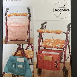 Peut inclure: Patron Simplicity S9725 pour accessoires adaptatifs. L'image montre un déambulateur rouge avec divers accessoires en tissu, notamment des coussins de siège et un sac de rangement. Les accessoires présentent des motifs floraux et géométriques. Le patron est conçu et imprimé aux États-Unis.