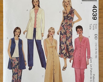 McCalls 4039Pattern UNCUT Resort Casual Layered Look Button Front Vest Tunic A Line Dress Side Slits Pull On Pants Size 12 14 16 18