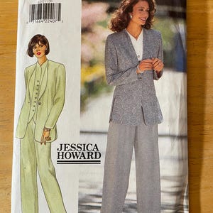 May include: A vintage Butterick sewing pattern featuring a Jessica Howard design. The pattern includes illustrations of a two-piece suit in light green and a gray floral suit. The pattern size is 12-14-16.
