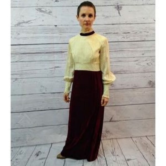 60s velvet and lace bishop sleeve maxi dress