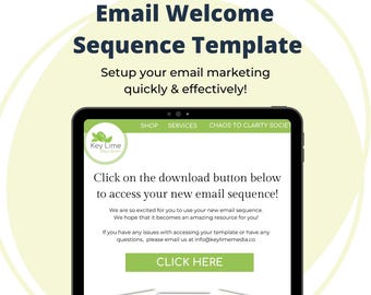Könnte beinhalten: Ein digitales Tablet zeigt eine "E-Mail-Willkommenssequenz-Vorlage" mit dem Text "Richten Sie Ihr E-Mail-Marketing schnell und effektiv ein!" Der Bildschirm zeigt einen "Hier klicken"-Button und ein Key Lime-Logo. Der Hintergrund ist hellgrün.