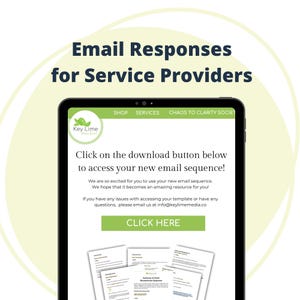 May include: A tablet screen showing the text "Email Responses for Service Providers." The screen displays a website with a logo and a green button with the words "Click Here." Several document previews are visible below the button.