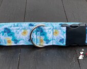Blue with White Flowers Dog Collar, Modern Stylish Wide Dog Collar, Girl Dog Collar, Floral Dog Collars, Gifts for Dog Lovers
