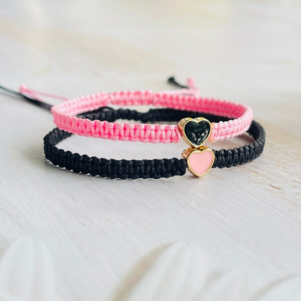 Conjunto de 2 pulseras de amor para parejas con corazón negro, pulseras a juego personalizadas, pulsera anudada ajustable personalizada, pulseras a juego