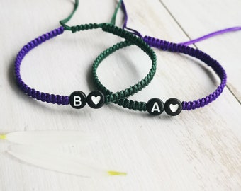 Personalized Couples Love Bracelets with black Heart & Initial, Letter Bracelet Adjustable Knotted Bracelet, Matching Bracelets for Partners
