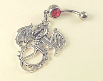 Belly Navel Bar Solid Sterling Silver Dragon Sapphire Crystal Eyes 1.6 x 10mm