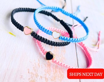 Couples Heart Bracelets, Adjustable Nylon Cord, Matching Set of Two Love Bracelets