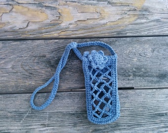 Novelty Blue Jeans color necklace-belt-wrist crochet Phone Purse with net top and flower button