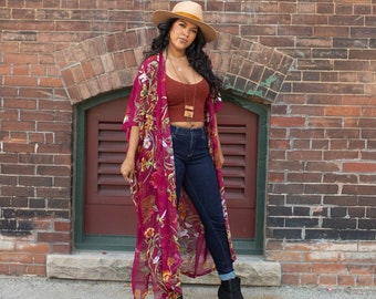 Wild Bloom Kimono Duster - MERLOT -  Boho Kimono Beach Cover Up, Long Kimono Robe, Summer Kimono, Bohemian Print Kimono, Boho Fashion