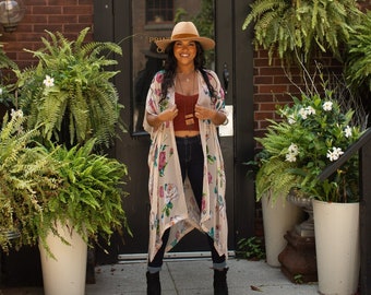 Spell Kimono Duster - SAND -  Boho Kimono Beach Cover Up, Long Kimono Robe, Summer Kimono, Bohemian Print Kimono, Boho Fashion