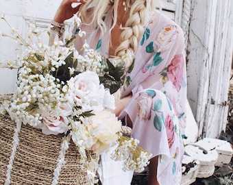 Spell Kimono Duster - ROSE-  Boho Kimono Beach Cover Up, Long Kimono Robe, Summer Kimono, Bohemian Print Kimono, Boho Fashion