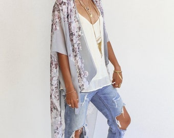Smell The Roses Kimono - SLATE   - Boho Kimono Beach Cover Up, Bohemian,shawl, Long Kimono Robe, Summer Kimono, Bohemian Print Kimono