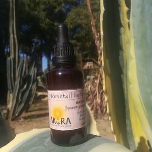 Peut inclure: Une bouteille en verre brun avec un compte-gouttes et une étiquette jaune qui indique "Extrait de prêle (Equisetum arvense) 25-30 gouttes (deux fois par jour) pour la santé de la peau et des cheveux" et "AKIRA produits artisanaux naturels".