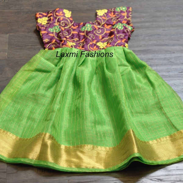 SALE 25% DISCOUNT Kids Green Organza Silk Zari Embroidered Long Frock Gown Designer Dress Pattu Langa Pavada