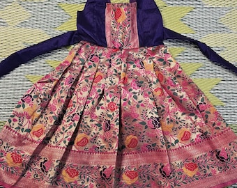 Kids Silk Frock Gown: Golden Zari Flower Border, Purple Yoke